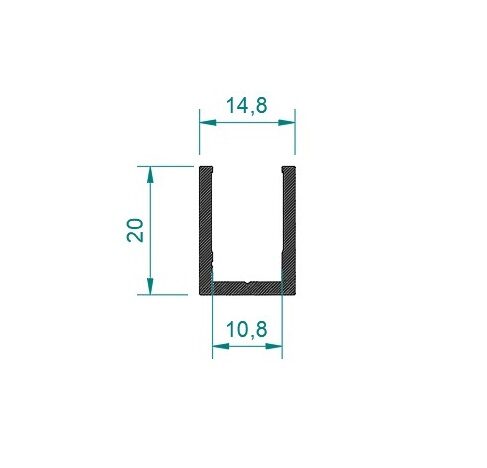 U-profiili 10-10.76 mm lasille, korkea, anodisoitu-kiillotettu, L=3400