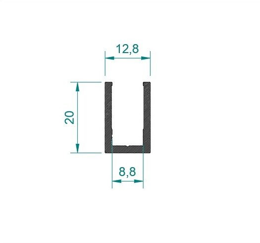 U-profiili 8-8.76 mm lasille, korkea, anodisoitu-kiillotettu, L=3400