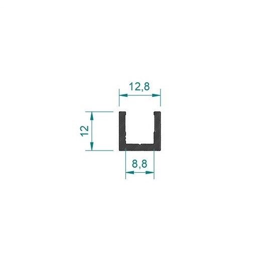 U-profiili 8-8.76 mm lasille, matala, raaka alumiini, L=3500
