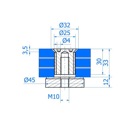 Lasisen porrasaskelman pistekiinnike, lasi 33mm, AISI316