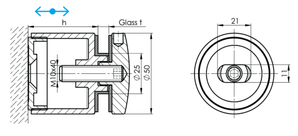Lasin_pistekiinnikke_A-BL0747-501-FLEX2.1_mitat.png Point 50, AISI304, Musta