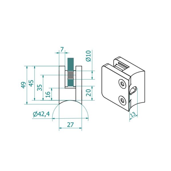 Lasikiinnike 45×45 V, AISI316, D42.4 putkelle
