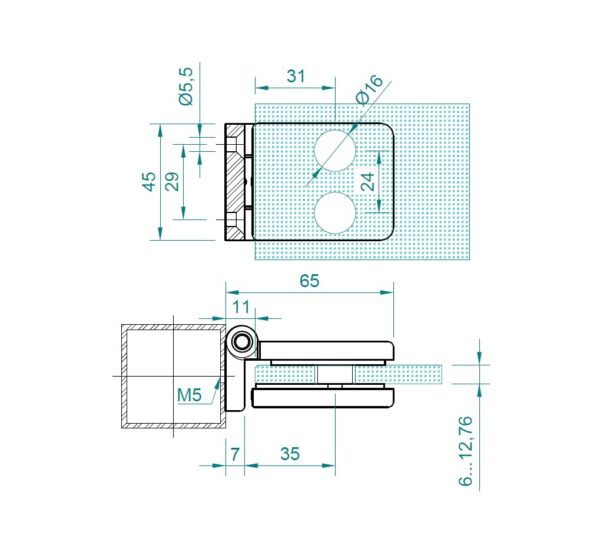 Lasikaiteen porttisarana 40x40x2 tolpalle, lasin paksuus 6-12,76 mm, AISI316