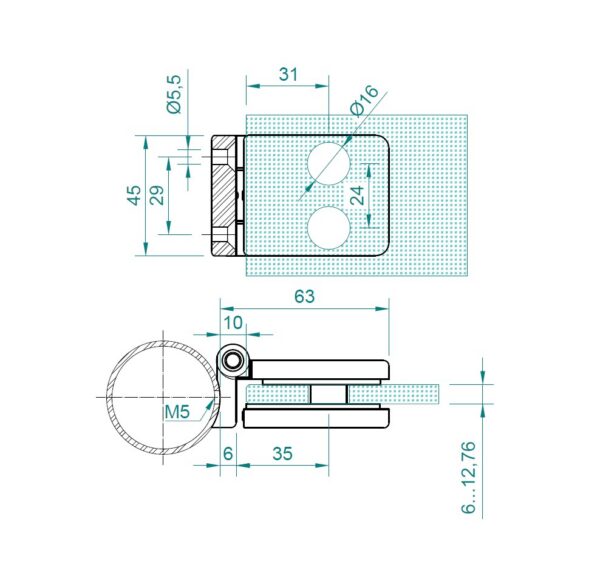 Lasikaiteen porttisarana Ø42.4×2 tolpalle, lasin paksuus 6-12,76 mm, AISI316