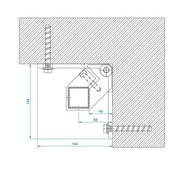 Kaidetolppa sivukiinnityksellä 40x40x2, AISI304, 90° kulma