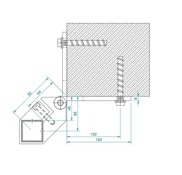 Kaidetolppa sivukiinnityksellä 40x40x2, AISI316, 90° kulma