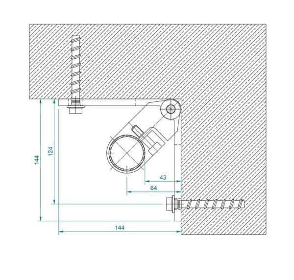 Kaidetolppa sivukiinnityksellä Ø42.4×2, AISI316, 90° kulma